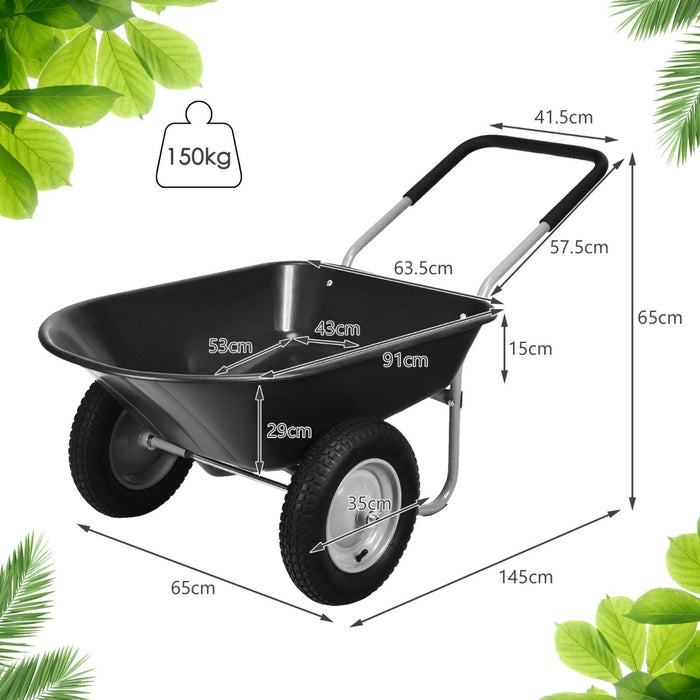 Wheelbarrow with 2 Pneumatic Tires - Heavy Duty 150KG Load Capacity in Black - Ideal for Gardening and Construction Tasks