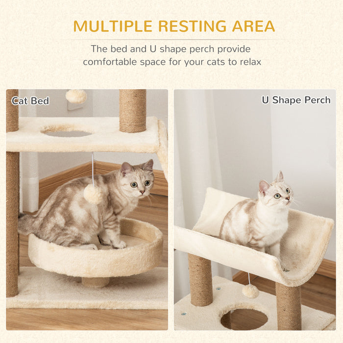 Cat Tower with Scratching Post - Multi-Level Kitten Playhouse with Bed, Toy Ball, and Perch - Perfect for Indoor Cats' Entertainment and Relaxation