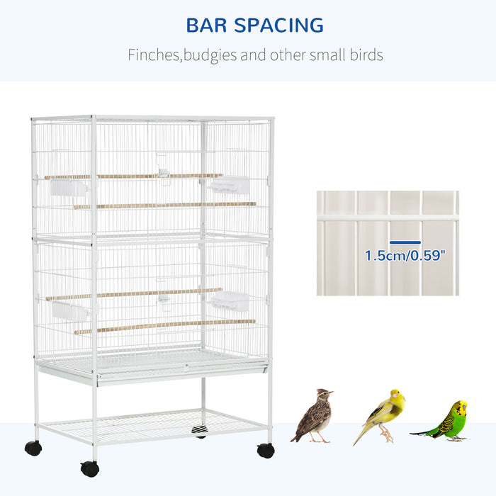 Large Aviary Bird Cage with Rolling Stand - Ideal Habitat for Finches, Canaries, Budgies - Includes Slide-Out Cleaning Tray, Storage Shelf, Wooden Perches & Food Containers