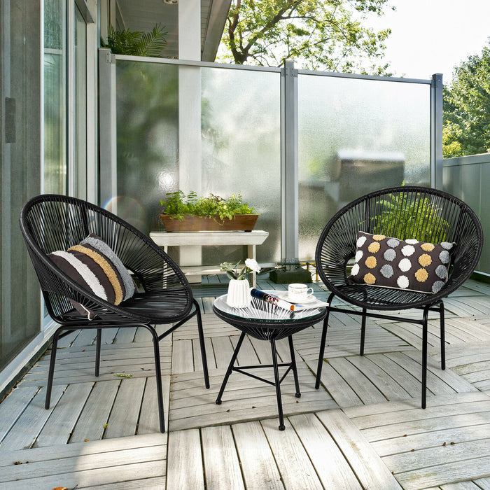 3Pcs Patio Rattan Set - Woven Outdoor Furniture with Glass Table, Black - Perfect for Comfortable Outdoor Living Spaces