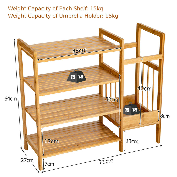 Bamboo Shoe Rack - 4 Shelves with Integrated Umbrella Stand, Natural Finish - Ideal Storage Solution for Shoe and Umbrella Organization