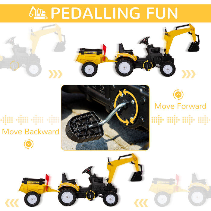 Kids' Pedal-Powered Excavator Ride-On - Durable Toy Digger with Horn & Removable Trailer - Fun Outdoor Play for Children