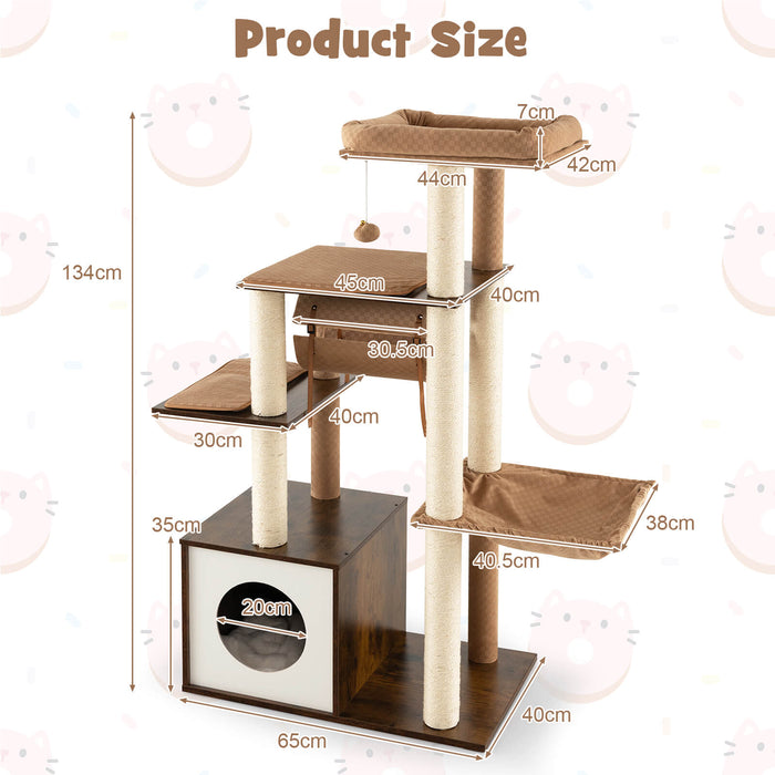 127cm Wood Cat Tree - With Hammock and Swing Tunnel in Brown - Ideal for Active Cats Needing Exercise and Fun