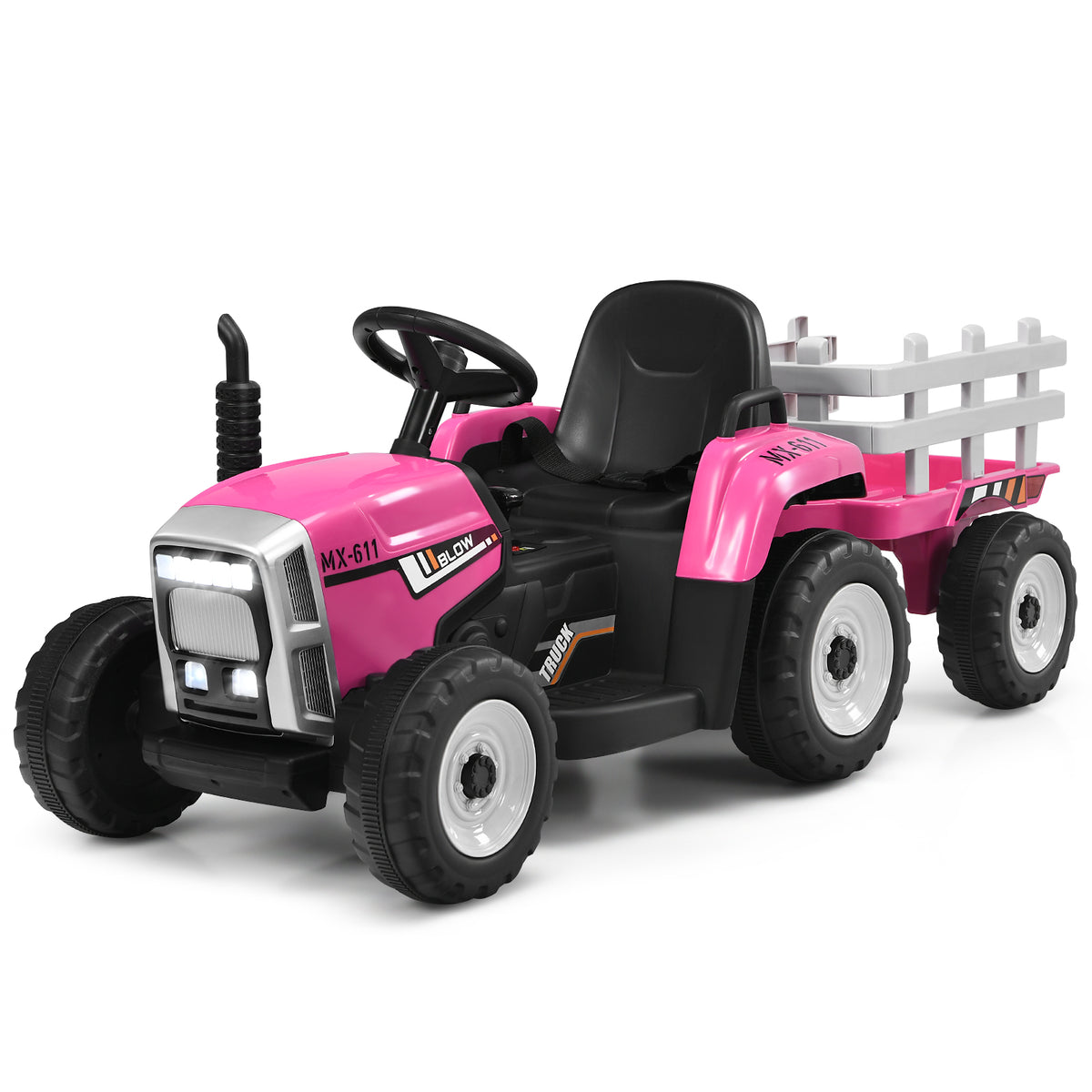 Kidsjoy - 12V Children's Ride-On Tractor with Trailer, Music, and LED Lights - Ideal for Fun, Imaginative Play in Pink