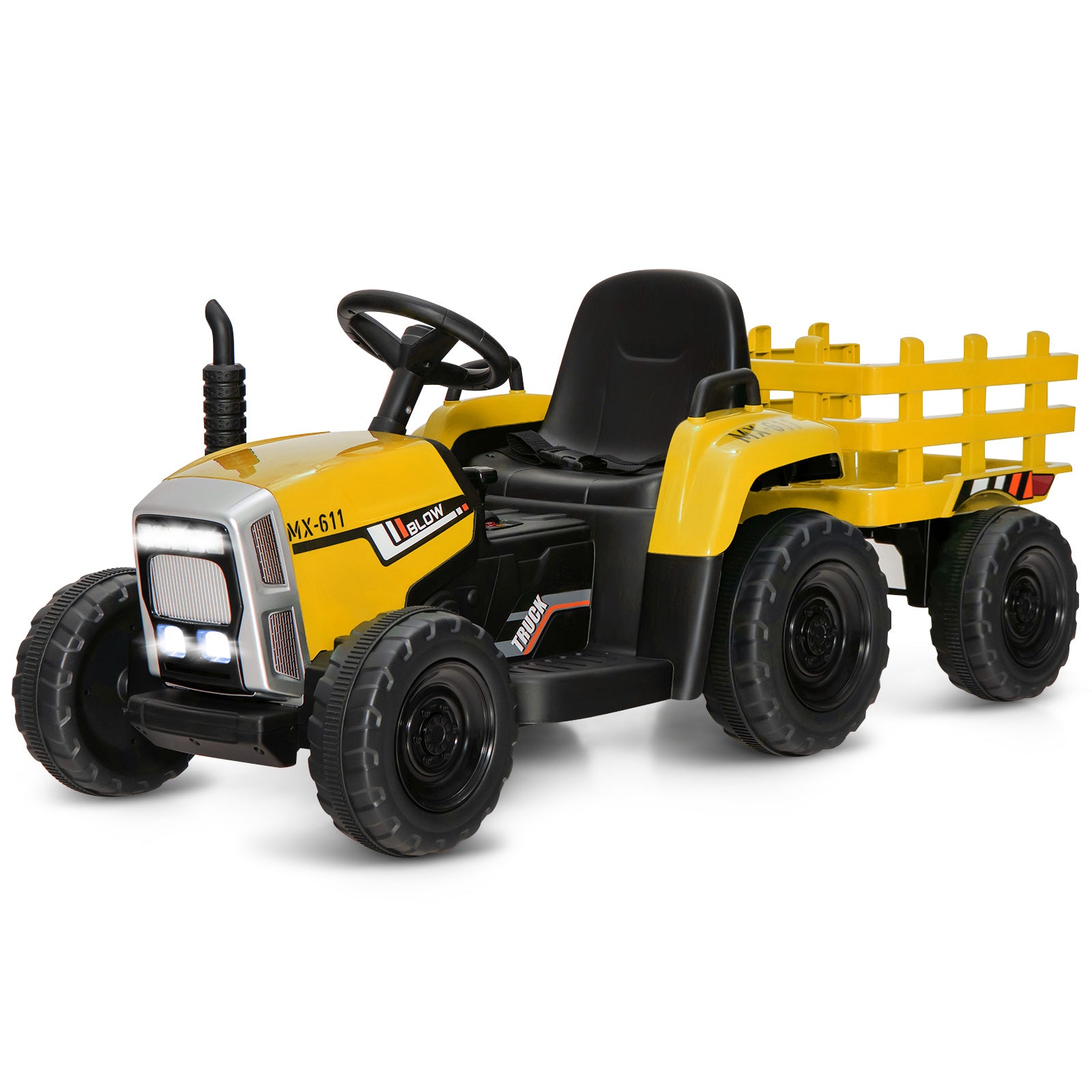 Ride-On Tractor for Kids in 12V - Fun Yellow Design with Trailer, Music and LED Lights - Ideal Outdoor Play Equipment for Children's Entertainment