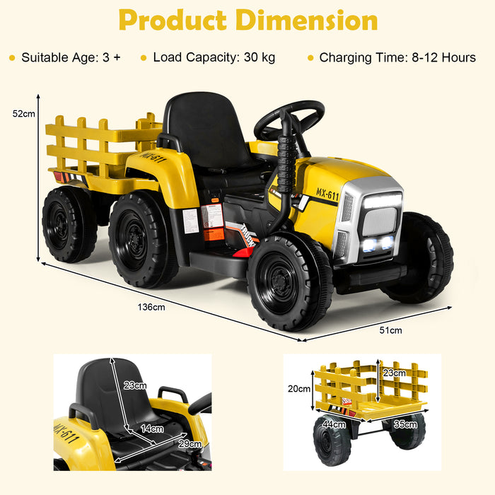 Ride-On Tractor for Kids in 12V - Fun Yellow Design with Trailer, Music and LED Lights - Ideal Outdoor Play Equipment for Children's Entertainment