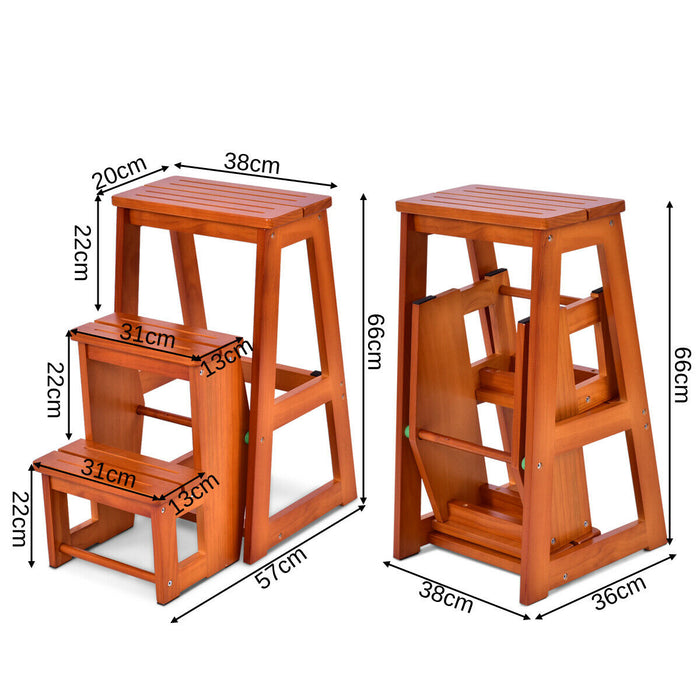 Wooden Folding 3-Tier Step Stool - Functional Stepladder Shelf in Coffee Finish - Ideal for Home Storage and Display Needs