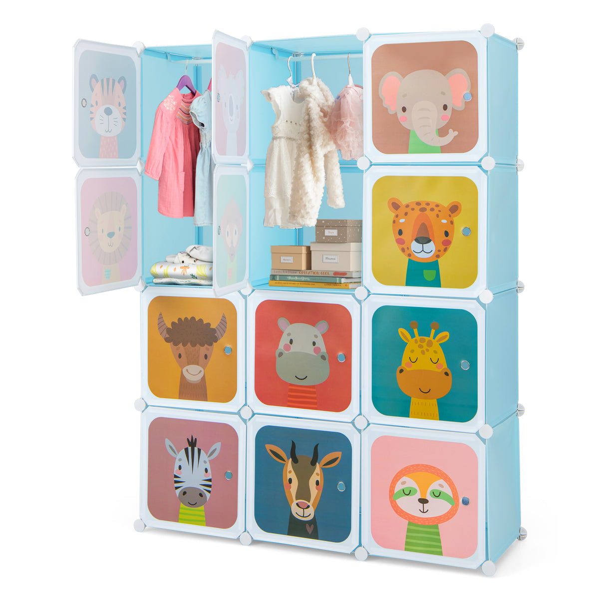 Cube Organizer 12 - Blue Portable Wardrobe with Hanging Section for Kids - Ideal Space-Saving Solution for Organizing Children's Clothes