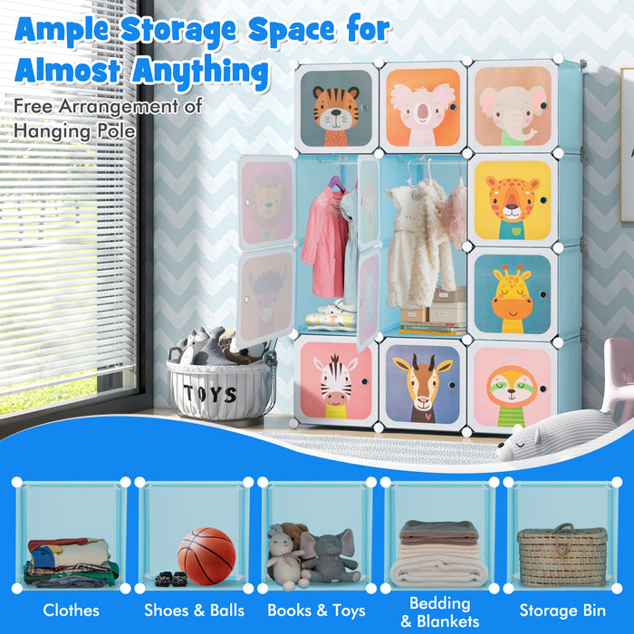 Cube Organizer 12 - Blue Portable Wardrobe with Hanging Section for Kids - Ideal Space-Saving Solution for Organizing Children's Clothes