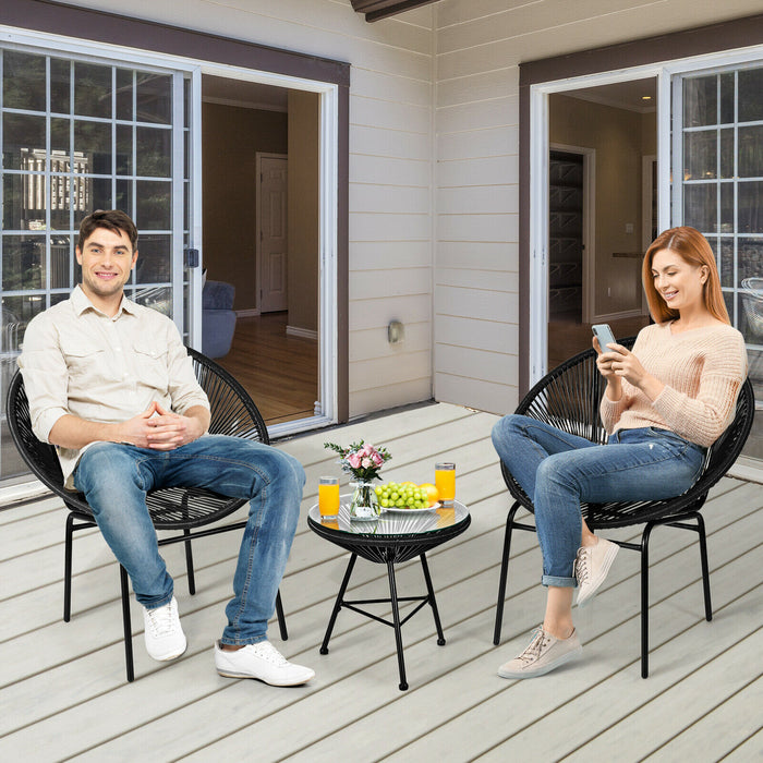 3Pcs Patio Rattan Set - Woven Outdoor Furniture with Glass Table, Black - Perfect for Comfortable Outdoor Living Spaces