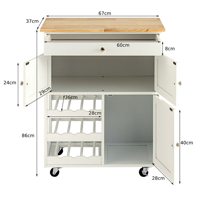 3-Tier Rolling Kitchen Cart - Wine Racks and Cupboards in White Finish - Ideal for Home Chefs and Wine Enthusiasts