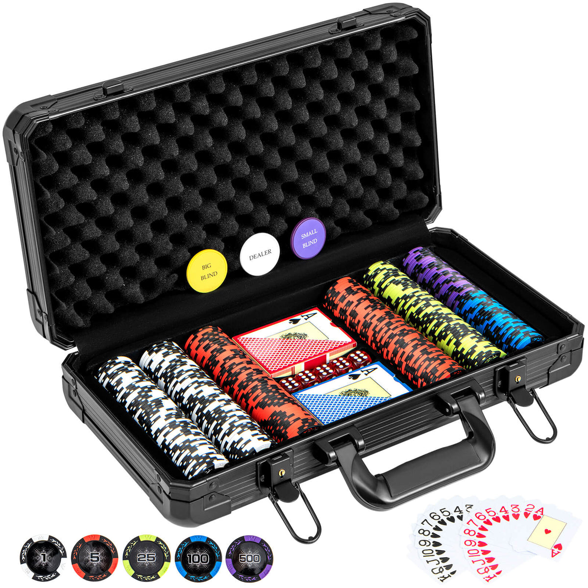 Poker Chip Set - 300 Pieces, 14 Gram Texas Holdem with Dealer Buttons and Dice - Ideal for Casino Night, Home Poker Games, and Gaming Enthusiasts