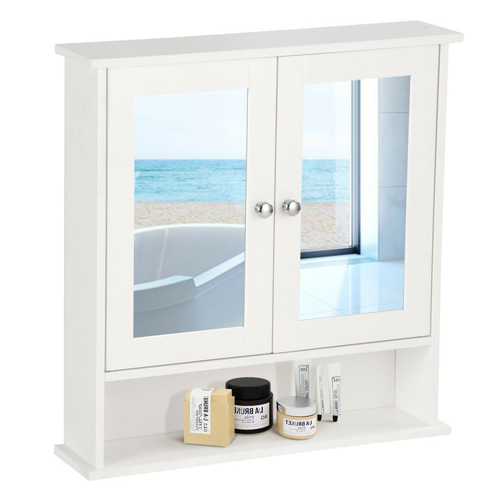 Grey Wooden Medicine Organizer - Hanging Design with Mirror and Adjustable Shelf - Ideal for Simplified Bathroom Storage