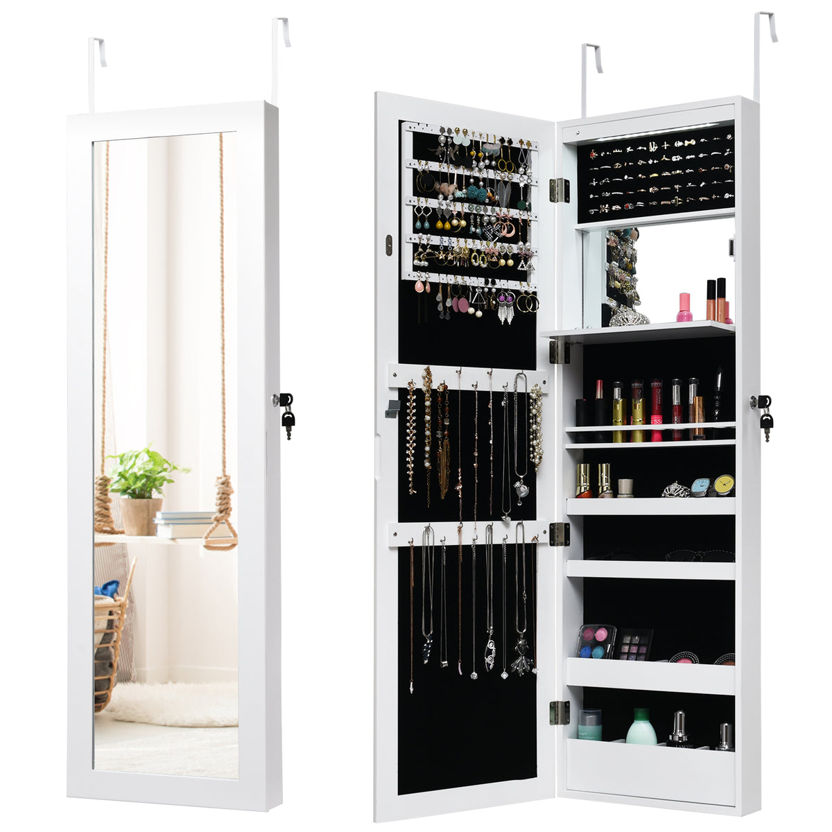 Lockable Mirror Jewelry Cabinet, 120cm Full Length - Equipped with 15 bright LED Lights, White - Ideal Storage Solution for Organizing Accessories and Jewelry