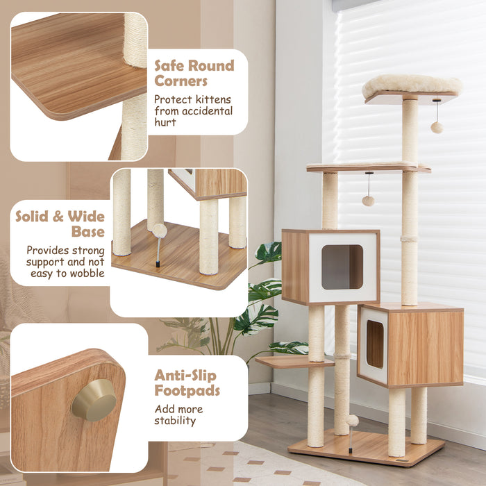 Modern Wooden Cat Tree - 163 CM Tall, Sisal Scratching Posts and Washable Cushions, Natrual Finish - Ideal for Play and Rest for Cats