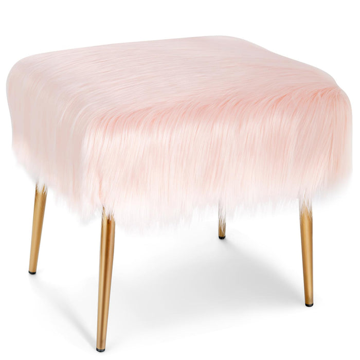Furry Faux Fur Brand - Luxurious Pink Footstool with Gold Metal Legs - Perfect Addition for a Cozy, Stylish Home Decor