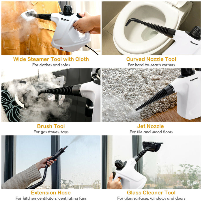Portable Electric Steam Cleaner - Multi-Purpose, 9 Accessories, White - Ideal for Efficient and Versatile Home Cleaning Solutions
