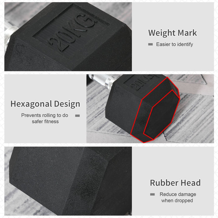 20KG Rubber Hex Dumbbell - Portable Hand Weight for Home Gym & Fitness Workouts - Ideal for Muscle Toning and Strength Training