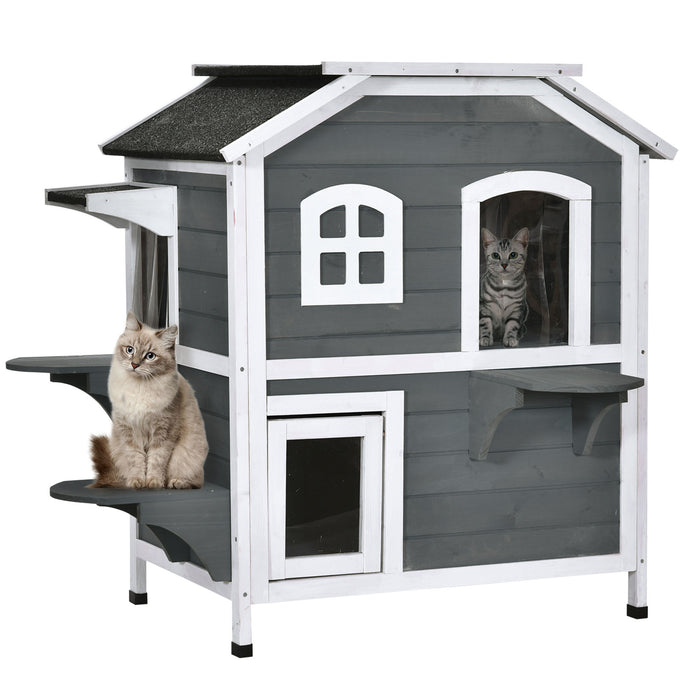 Waterproof Solid Wood Cat Condos - 2-Story Outdoor Pet House with Grey Finish - Ideal Shelter for Cats