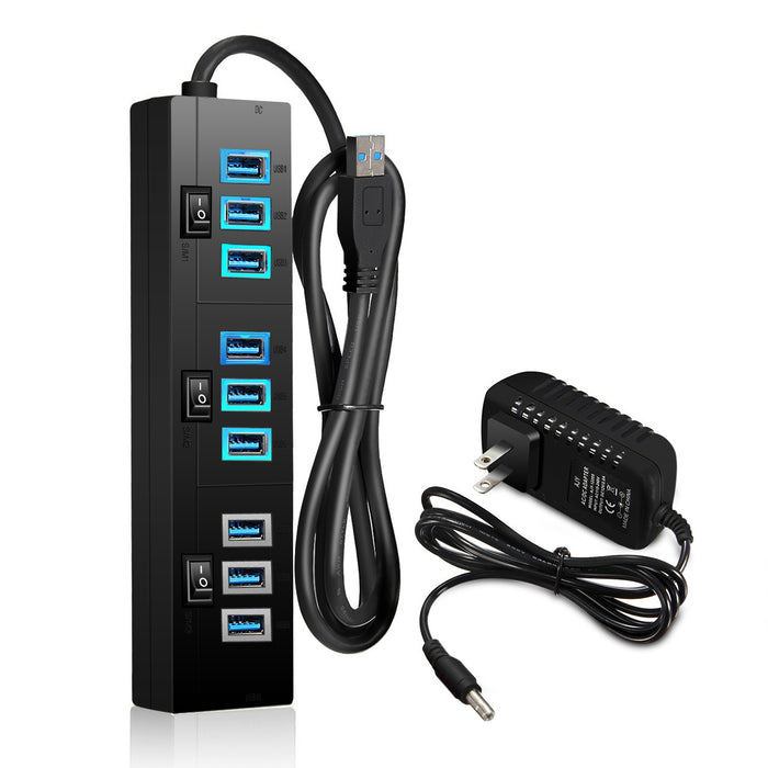 USB Hub 10 Port - USB 3.0 Data Hub with 9 Ports + 1 Smart Charging Port, On/Off Switches & 5V/4A Power Adapter - Compact Extension for PC, Laptop, MacBook & Computers