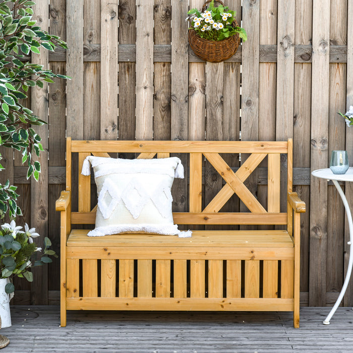 Wooden Garden Storage Bench - 2-Person Patio Seat with High Back and Armrests - Outdoor Seating Solution with Hidden Chest