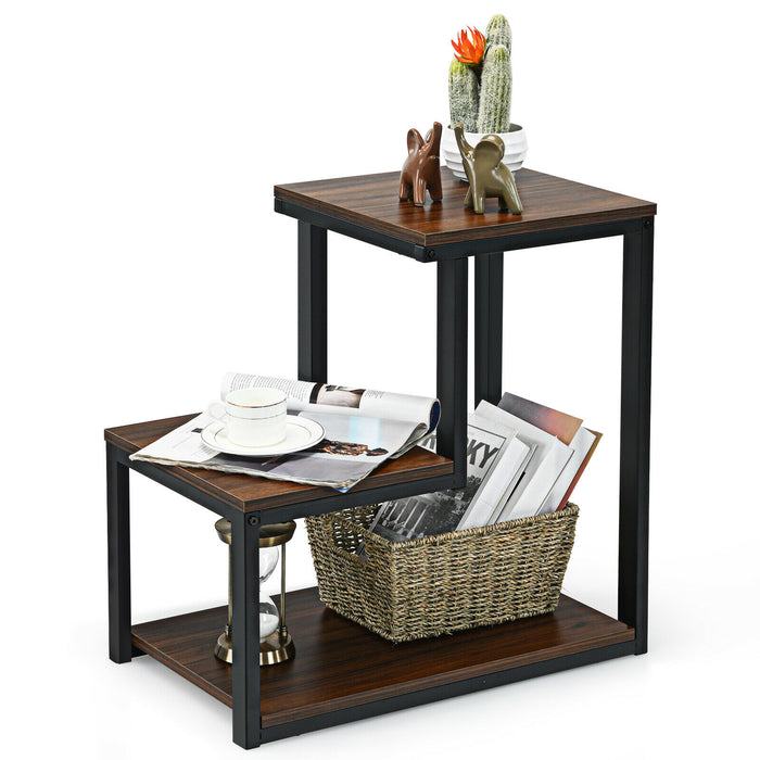 End Table - Industrial Style with 3 Shelves in Brown - Ideal for Home Storage Solution