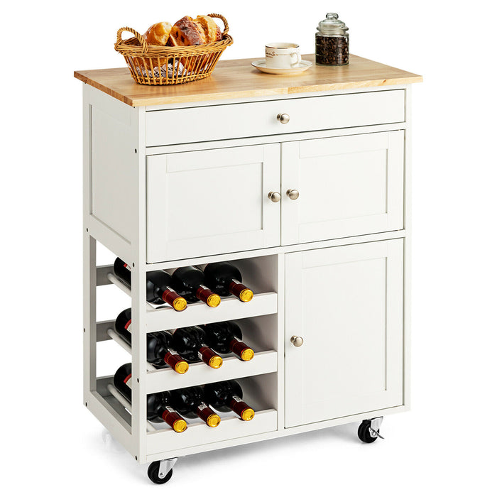 3-Tier Rolling Kitchen Cart - Wine Racks and Cupboards in White Finish - Ideal for Home Chefs and Wine Enthusiasts