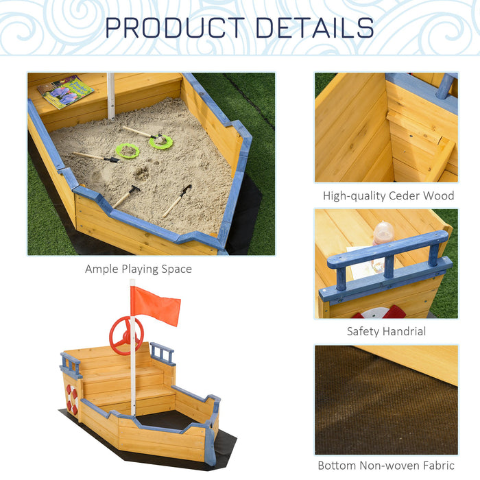 Pirate Ship Wooden Sandpit for Kids - Children's Sandbox with Bench and Bottom Liner for Outdoor Play - Backyard Adventure Play Station for Imaginative Fun
