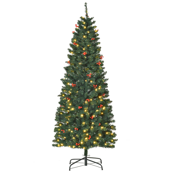 6ft Pre-Lit Slim Green Christmas Tree with LED Lights - Artificial Pencil Design with Red Berries - Festive Holiday Decor for Home Spaces