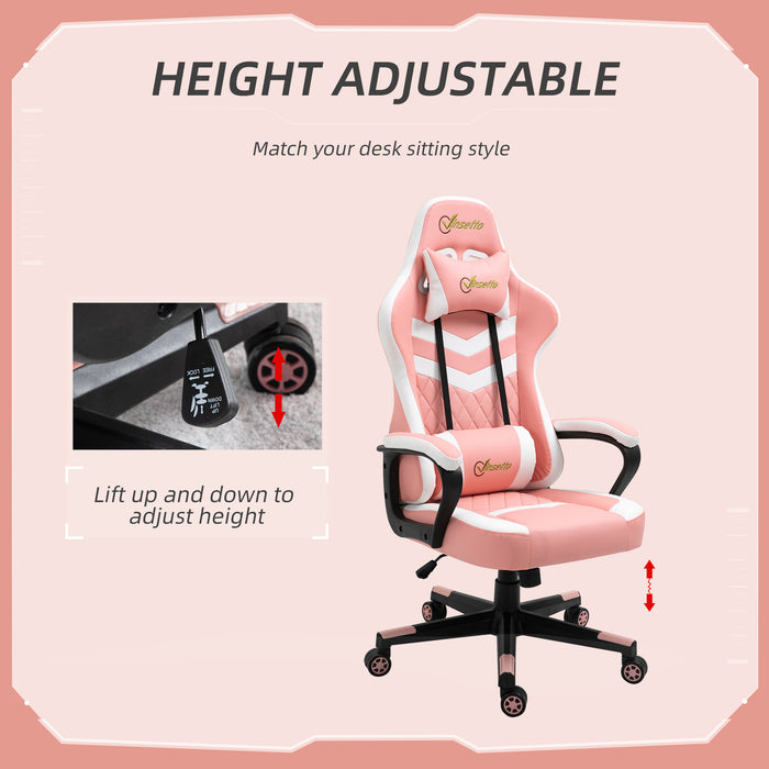 Ergonomic Racing Chair for Gamers - Lumbar Support, Adjustable Headrest, Swivel Wheels, PVC Leather - Comfortable Desk Seating for Home Office Use, Pink & White