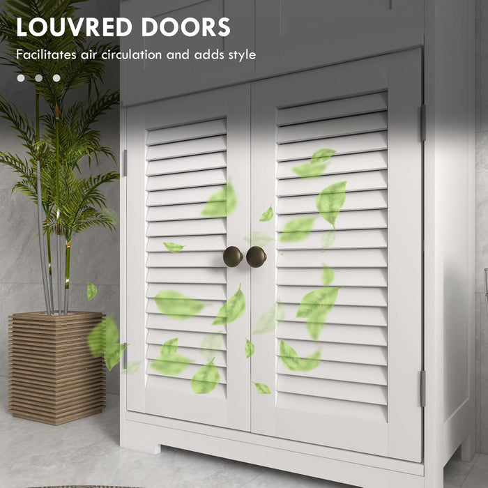 Bathroom Floor Cabinet with Stylish Louvred Doors - Ample Storage with Drawers and Open Shelf - Space-Saving Organizer for Linens and Toiletries