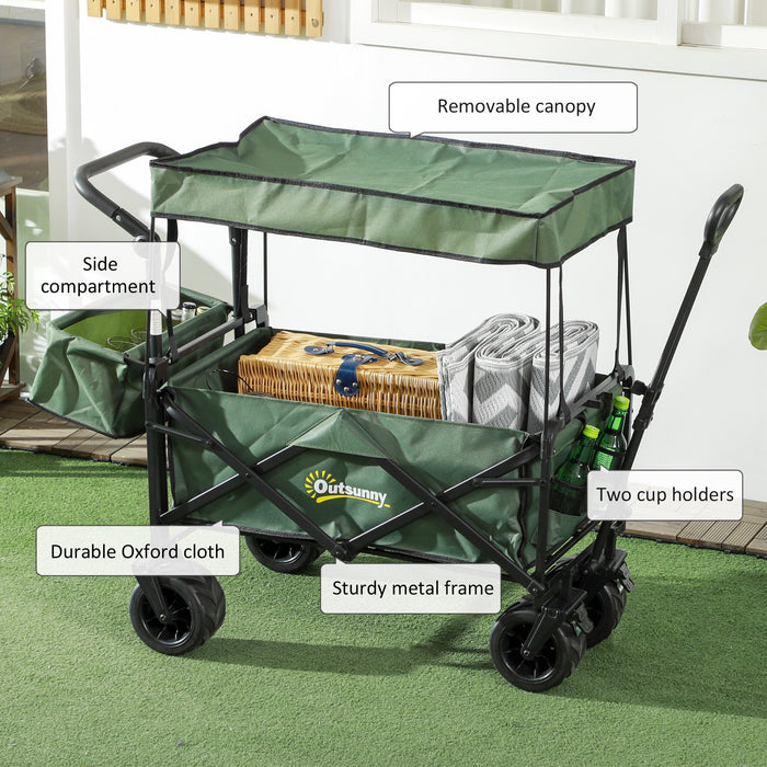 Beach Trailer Folding Trolley - 4-Wheel Storage Wagon with Canopy and Pull Handle - Ideal for Camping and Outings in Green