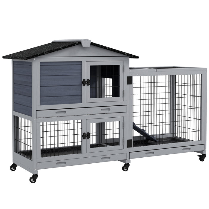 Portable Bunny Haven with Wheeled Base - Outdoor Indoor Rabbit Hutch with Play Run, Easy Clean Slide-Out Trays, and Access Ramp - Durable Grey Habitat for Pet Rabbits and Small Animals