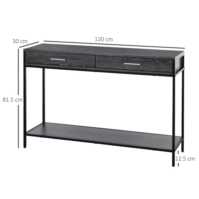 Industrial-Style Console Table with Storage - Grey Wood Tone Effect, Two Drawers, and Bottom Shelf - Elegant Addition for Home Organization and Decor