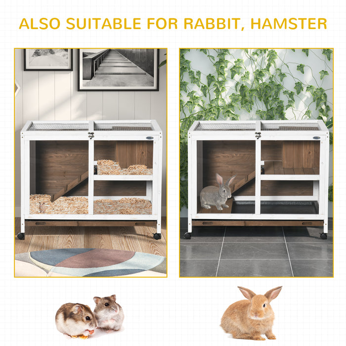 Premium Wooden Hutch for Rabbits & Guinea Pigs - Small Pet Cage with Pull-Out Tray & Openable Roof on Wheels, Brown - Ideal Home for Bunny and Cavy Comfort