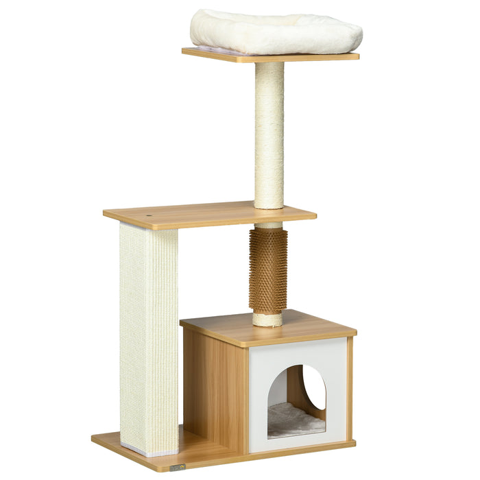 Cat Scratching Tree with Cozy House and Bed - Multi-Level Cat Perch with Posts, 59.5 x 39.5 x 114 cm in Oak Finish - Ideal for Play, Scratch, and Rest for Felines