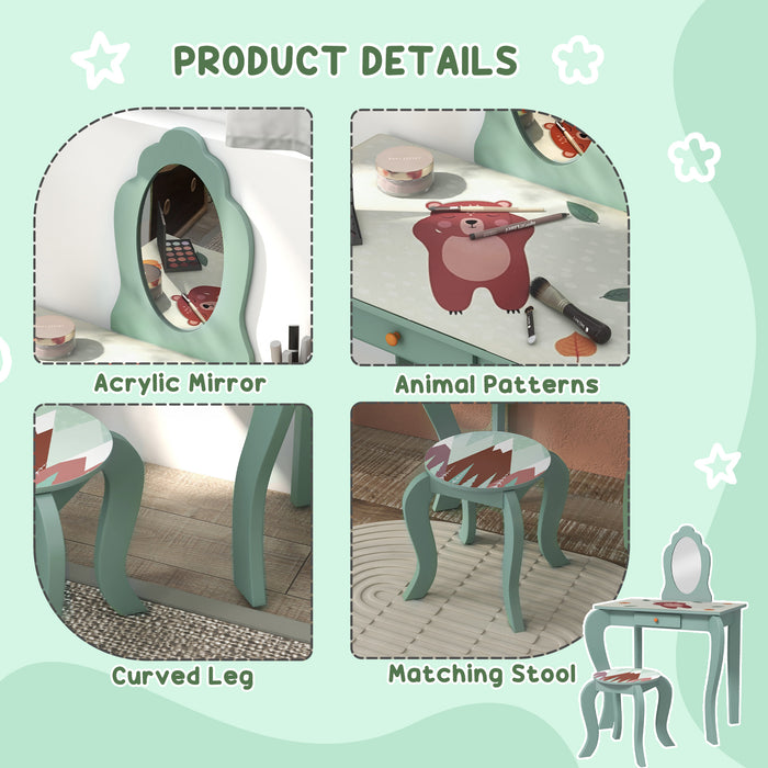 Kids Dressing Table with Stool and Mirror - Girls Green Makeup Vanity Desk with Drawer and Cute Animal Design - Ideal for Ages 3-6 Years