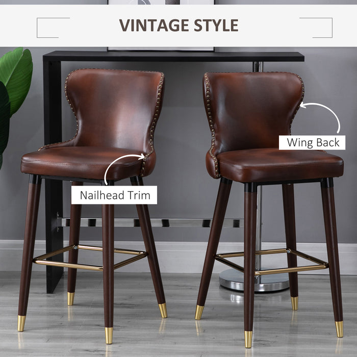 Luxury European Counter-Height Bar Chair Set - Vintage Brown PU Leather Stools with Backs - Elegant Seating for Kitchen and Bar Areas
