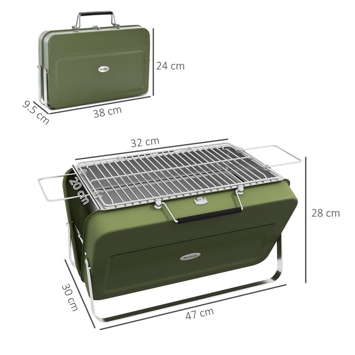 Foldable Mini Charcoal BBQ Grill in Green - Compact Suitcase Design for Easy Transport - Ideal for Picnics, Camping and Outdoor Cooking