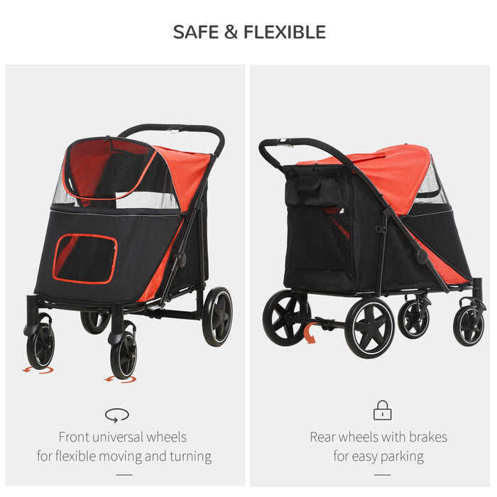 Red Pet Stroller with Shock Absorbing Universal Wheels - One-Click Folding Cat & Dog Carriage, Breathable Mesh Window, Brakes & Storage - Convenient Pet Travel & Comfort
