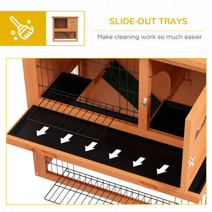 Two-Tier Antiseptic Wood Rabbit Hutch - Spacious 80cm Guinea Pig Habitat with Enclosed Run, Orange Finish - Ideal for Small Pet Safety and Comfort