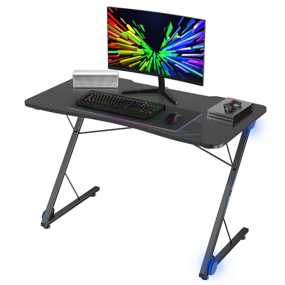 Z-Shaped Ergonomic Desk - Gaming Table with Blue Lights - Designed for Comfort and Enhanced Gaming Experience