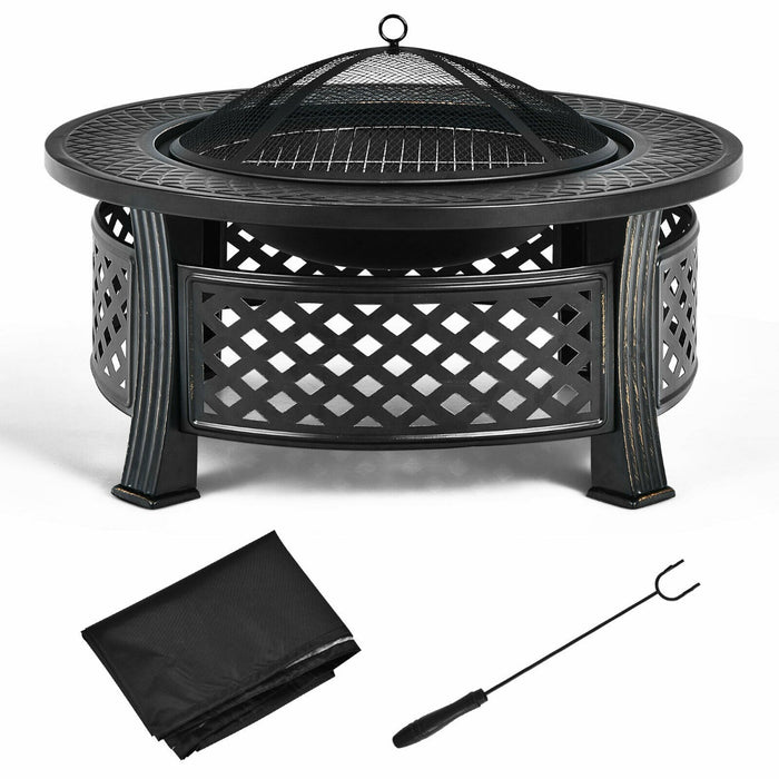 Outdoor Fire Pit Set - 3 in 1 Round Design With BBQ Grill and Rain Cover - Ideal for Outdoor Entertaining and Cooking