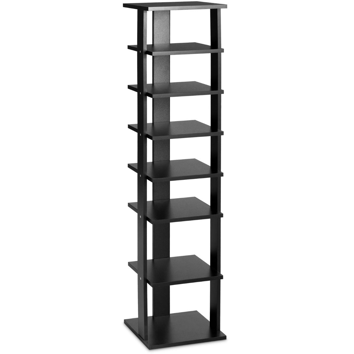 Woodworks Shoe Organizer - Vertical Wooden Rack with 7 Shelves in Black - Ideal Space Saver for Footwear Storage