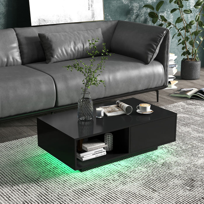 LED Coffee Table - 20 Color Changing RGB Lights and Integrated Storage Shelf in Black - Ideal for Modern Living Spaces