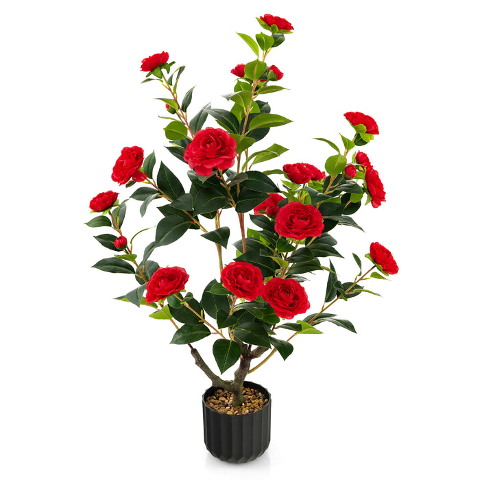 Artificial Camellia Tree with Rain-Flower Pebbles, 95cm - 1/2 Pieces, Floral Decor with White Blossoms - Ideal for Indoor Decoration and Event Centerpiece Design