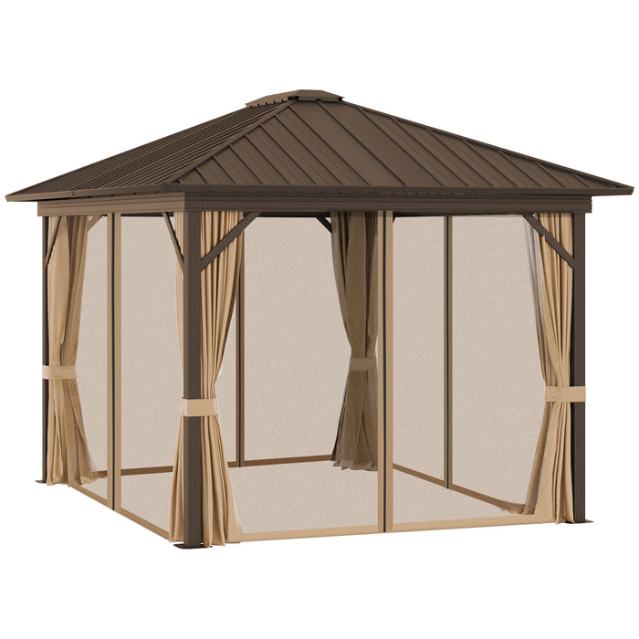 Outdoor Hardtop Gazebo 3.6x3m - Metal Roof Aluminum Frame with Mesh Nettings and Curtains, Brown - Spacious Patio Shelter for Garden Entertaining