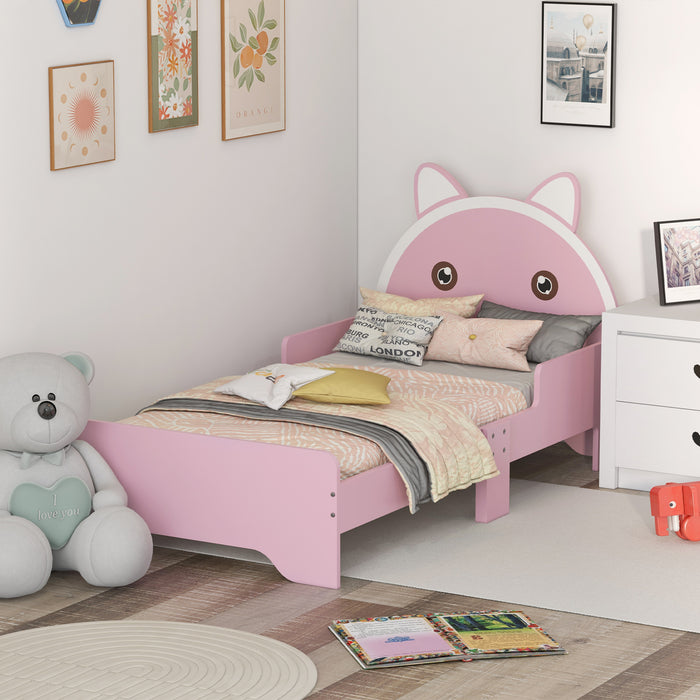 Kids Cat Design Toddler Bed - Sturdy Bedroom Furniture with Guardrails, 143cm Length, Fits 3-6 Year Olds - Adorable Pink Cat Themed Bed for Children