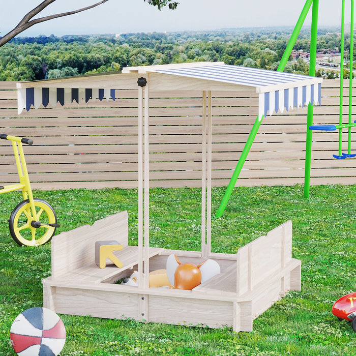 Kids Square Wooden Sandpit with Adjustable Canopy - Outdoor Backyard Cabana Sandbox Play Station, 106x106x121cm - Ideal Playset for Children's Creative Play and Sun Protection