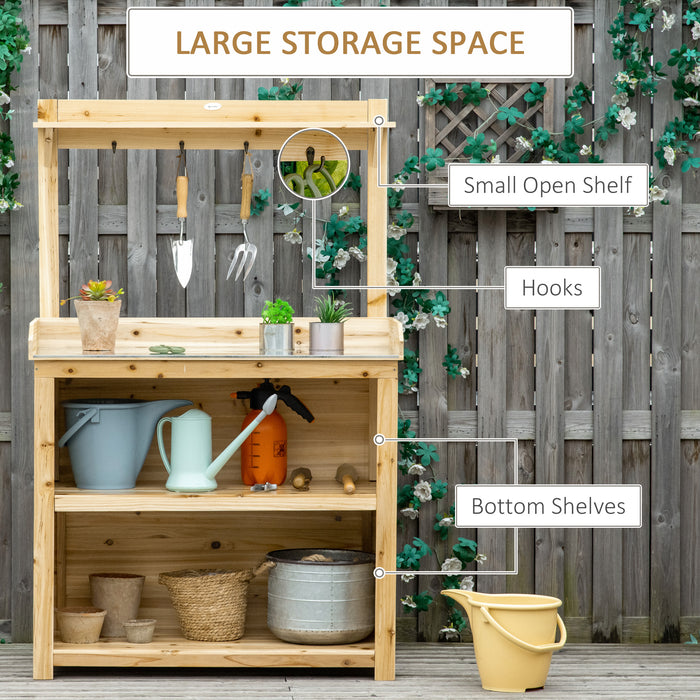 Wooden Garden Potting Bench - Galvanized Metal Workstation with Storage Shelves & Hooks - Ideal for Gardeners & Outdoor Planting
